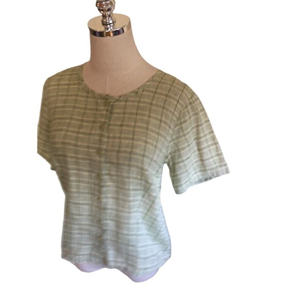 Flax Top Women's Size XS Green Plaid Line Short Sleeve Button Up Linen NEW - Picture 2 of 6